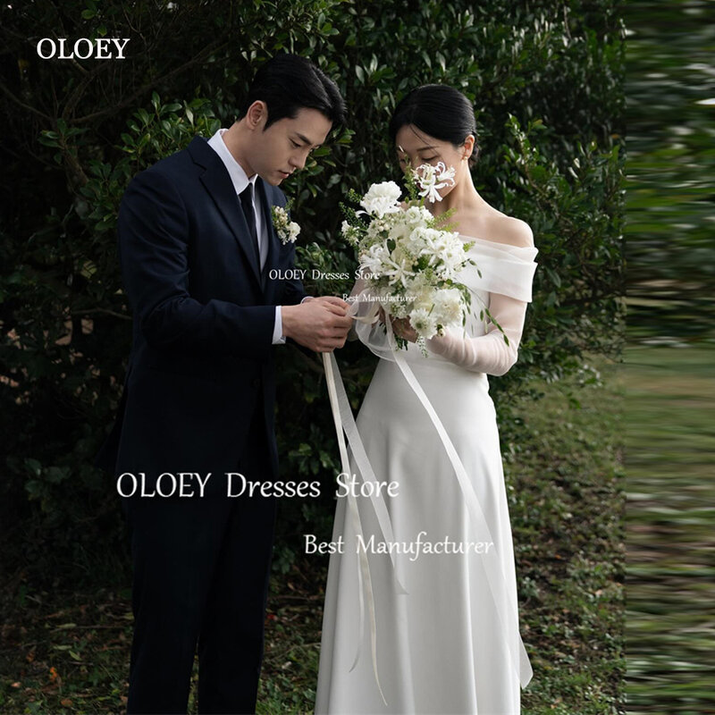OLOEY-vestidos de novia de línea A de Corea, manga larga, hombros descubiertos, longitud hasta el suelo, corsé en la espalda, 2024