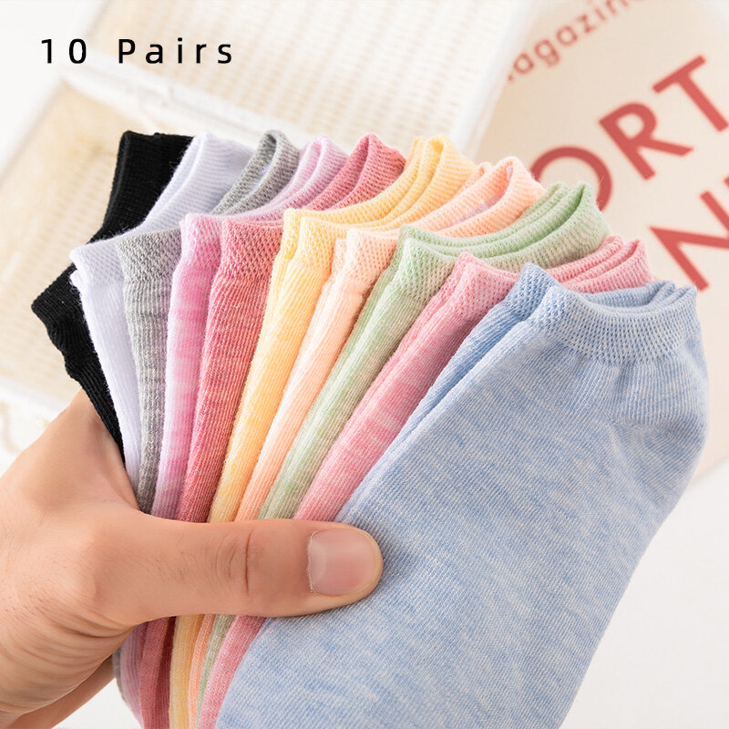 Meias curtas de algodão colorido para mulheres, meias esportivas de malha respirável no tornozelo, meias casuais de cor sólida, verão 10 pares