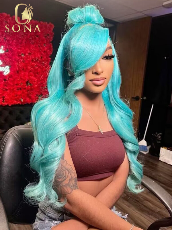 13x6 Light Blue Straight Lace Front Human Hair Wigs Lake Blue Body Wave 13x4 HD Transparent Colored Lace Frontal Wigs Prepucked