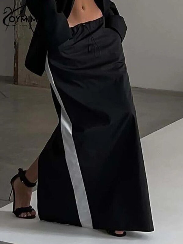 Модные черные Лоскутные юбки Oymimi для женщин, элегантные прямые юбки с низкой талией, осенняя юбка до пола с карманами, уличная одежда