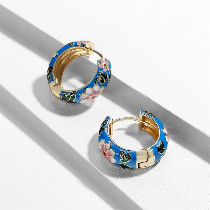1~20PCS Boho Multicolor Enamel Flower Hoop Earrings for Women Vintage Drop Oil Gold Color Circle Round Earrings Statement