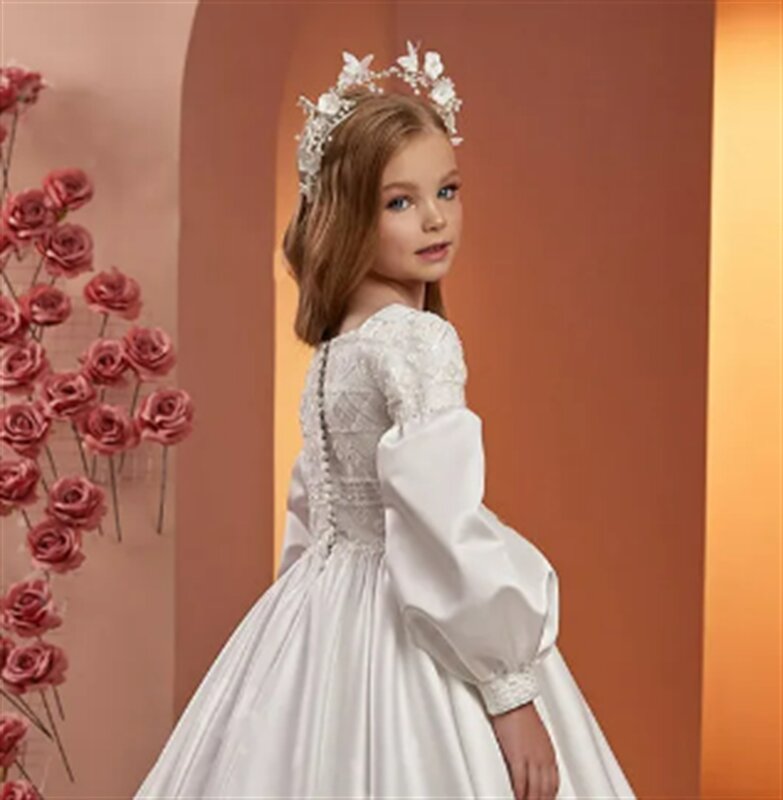 Elegant Satin Flower Girl Dress For Wedding Applique Beading Pearls Long Sleeve Child's First Eucharist Birthday Party Dresses