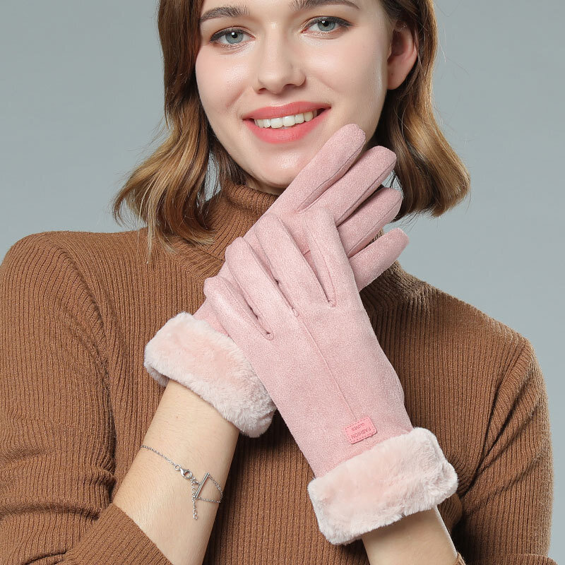 Guanti in peluche addensati invernali guanti in pelle da donna tutto il calore delle dita guanti eleganti in tinta unita a prova di freddo accessori moda