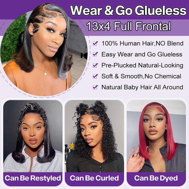 Glueless Wig Human Hair Ready to Wear Short Straight Bob Wigs 5x5 HD Lace Closure Wig Pre Plucked 13x4 Lace Frontal Wig