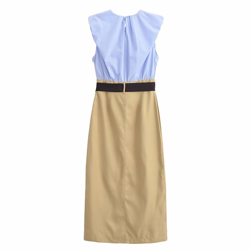 Damen neue Mode schickes Temperament Nähte Design mit Gürtel langes Kleid Retro ärmellose Damen kleid Vestidos