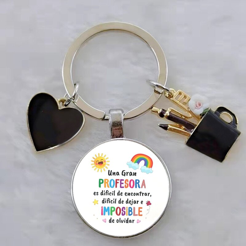 Gift for teachers with Spanish printed handmade glass convex circular keychain, DIY keychain