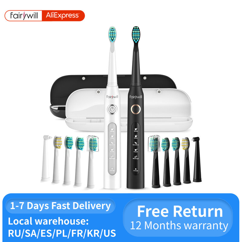 Fairywill-Juego de FW-D7 de cepillo de dientes eléctrico sónico para adulto, estuche de cepillos de dientes con carga USB, con cabezales, 5 modos de tiempo inteligente