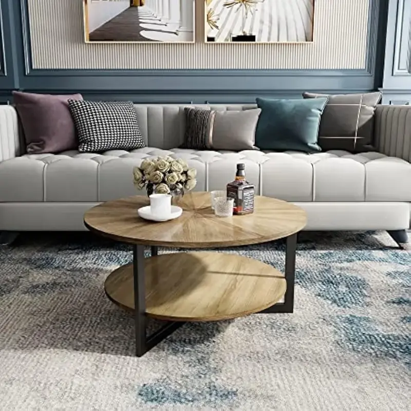 Runder Couch tisch für Wohnzimmer, Kreis runder Couch tisch aus Holz, Massivholz-Couch tisch aus Bauernhaus mit Stauraum