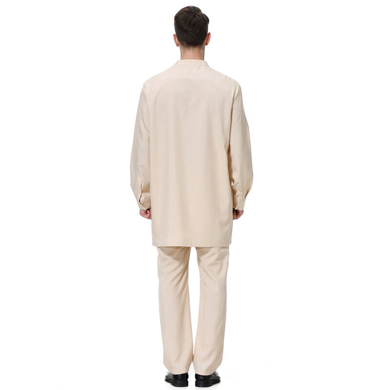 2 PCS Muslim Men Long Sleeves Chinese Collar Front Color Contrast Robe Long Pants  Arab Male Thobe Ramadan Eid Clothes