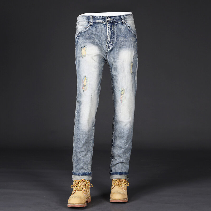 Newly Designer Fashion Men Jeans Retro Washed Blue Stretch Slim Fit Ripped Jeans Men Embroidery Patched Vintage Denim Pants