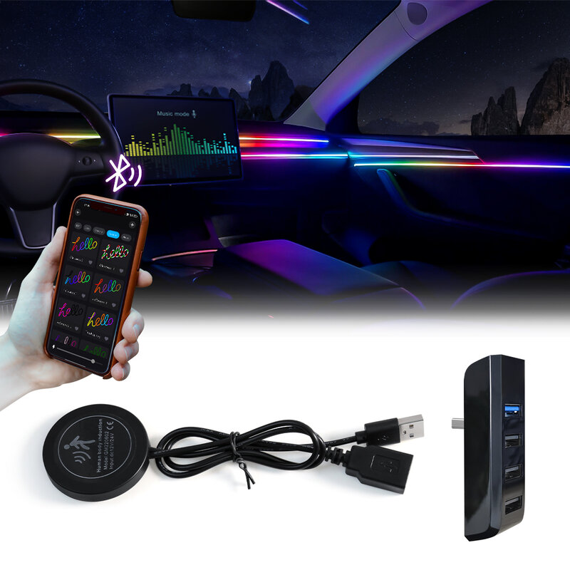 テスラグローブボックス用の車のアンビエントライト、自動オフモジュール、USB拡張ドック、モデル3、y、s、x、30、60秒のサイフォニー140cmストリップ