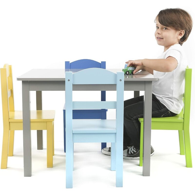 Stół z drewna dla dzieci i zestaw krzeseł (w tym 4 krzesła)-idealne do sztuki i rzemiosła, przekąsek, nauczania w domu, Grey/niebieski/zielony/żółty