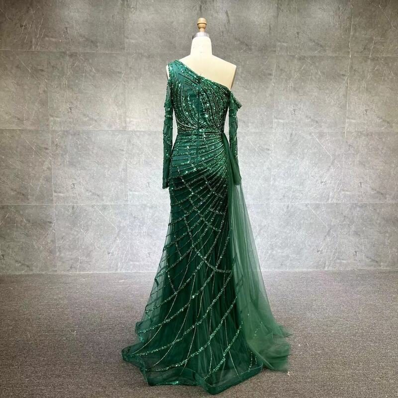 Smaragdgrün ein schulter Meerjungfrau Abendkleid mit Überrock lange Ärmel Luxus 2024 Dubai Hochzeits feier Kleider