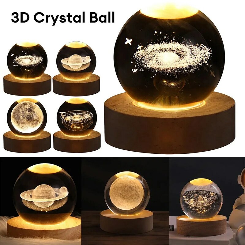 Lampu bola kristal 3D Planet kaca LED, lampu malam hangat Laser terukir sistem surya dunia semesta hadiah ulang tahun dasar kayu