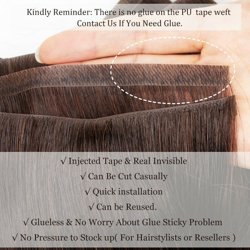 Injected Tape In Hair Extensions Invisible Long Tape PU Weft Human Hair Bundles Real Natural Hair Seamless & Glueless Thick Ends