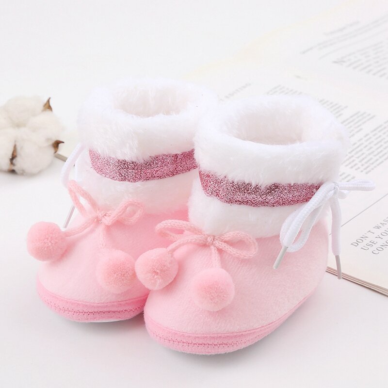 VISgogo Baby Cute Thickened Plush Boots Flat Shoes Infant Girls Bobbles Bow Non-Slip Soft Sole First Walker Winter Warm Shoes