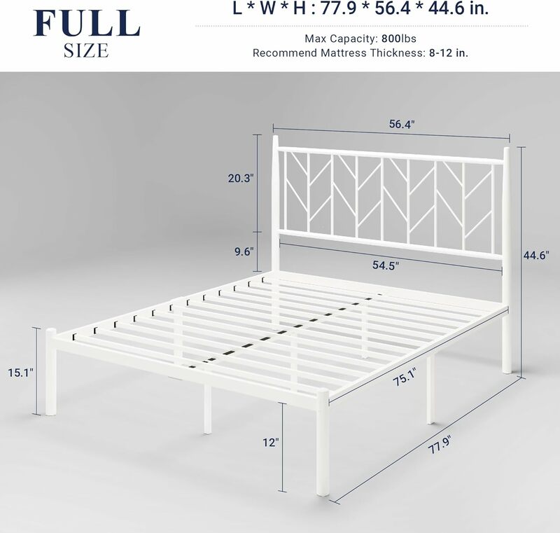 Platform bed frame with vintage headboard, 14-inch metal mattress base storage, modern, white