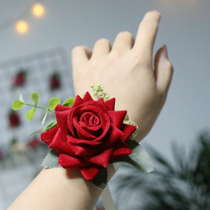 Tkanina róże na nadgarstek druhna bransoletka ślubna bransoletka narzeczonych sztuczna sztuczna ręka kwiat dla gości akcesoria imprezowe