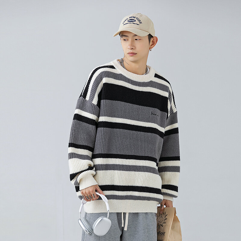Suéteres de punto con bordado a rayas para hombre, jersey de moda coreana, ropa de calle, otoño e invierno, nuevo, 2022