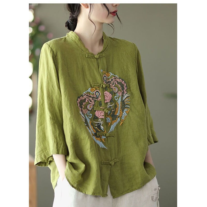Camisa Vintage bordada para mujer, cárdigan de lino y algodón, cuello levantado, botones, temperamento suelto, Tops para mujer, novedad de verano