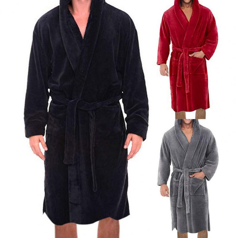Chic Hooded Pockets Warm Men Nightgown Lightweight Bath Robe Pockets Thickened Warm Pajamas Robe Home Clothes