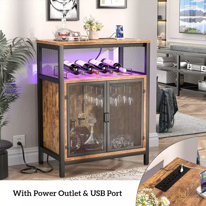 Kabinet anggur dengan lampu RGB dan soket kabinet anggur dengan dudukan kaca pajangan anggur gratis pengiriman coklat pedesaan