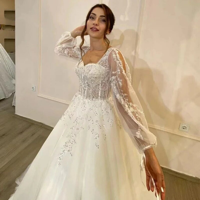 Graceful Celebrity Women Wedding Dresses A-Line Tulle Bridal Gowns Fluffy Long Sleeves Mopping Length Princess Vestidos De Novia