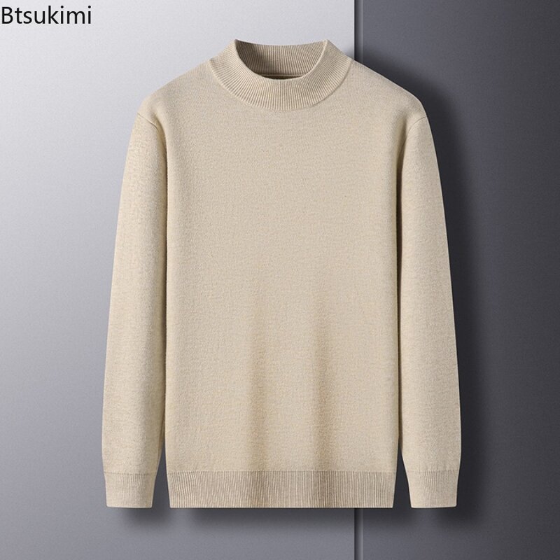 New 2023 Men's Warm Imitation Wool Knitted Sweaters Half High Neck Solid Sweater Pullovers Male Knitwear Fashion Casual Sweater