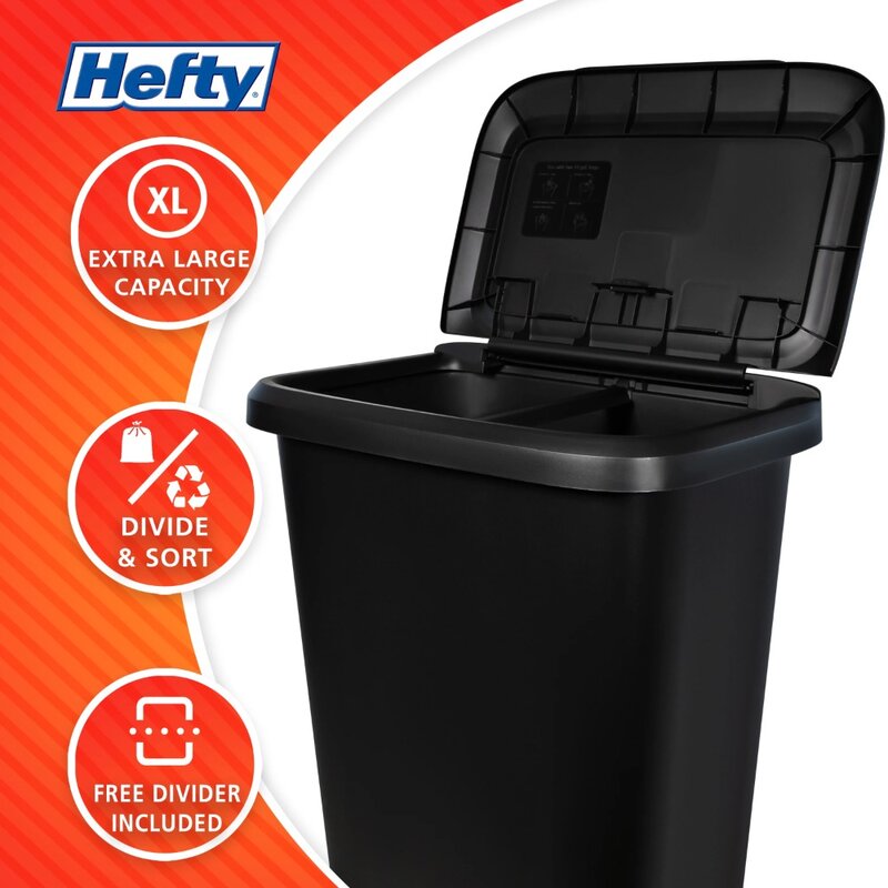 Hefty 20.4 Gallon Trash Can, Plastic Dual Function Divided Extra Large Kitchen Trash Can, Black