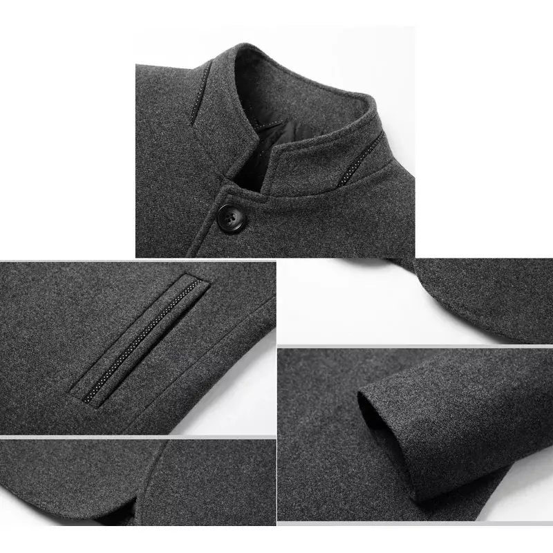 BROWON-abrigo de lana para hombre, chaqueta informal de estilo chino con cuello levantado, color liso, para negocios, otoño e invierno, 2024