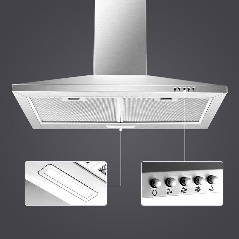 Tieasy 30 Inch 450 CFM Wall Mount Ducted/Ductless Permanent Filters LED Light Stainless Steel Range Hood for Kitchen US1001G75A