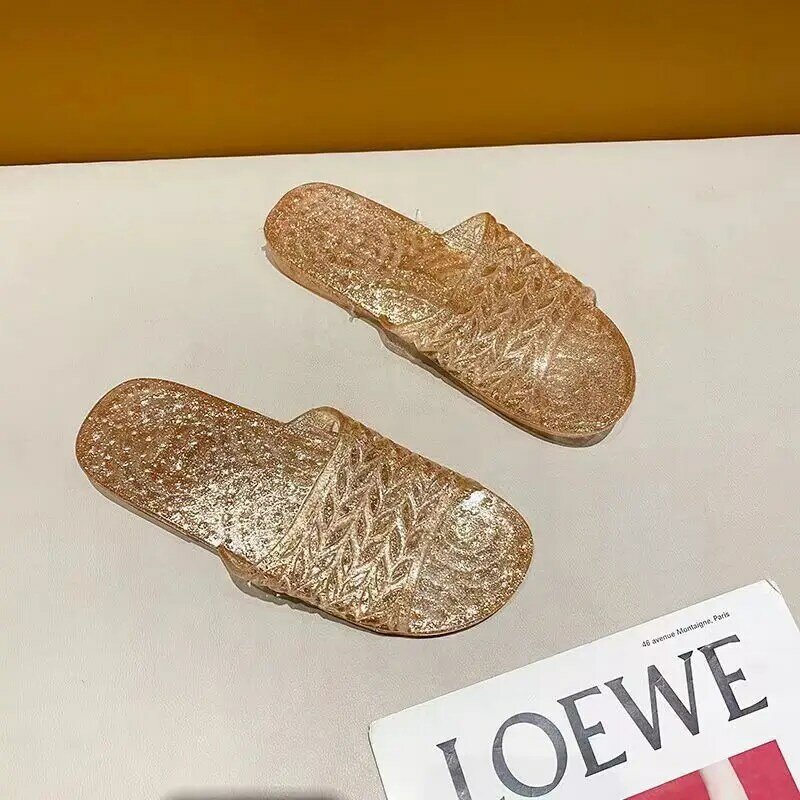 New Women's Summer One Word Flat Sole Crystal Slippers Free Shipping Soft Sole Home Slippers Outdoor Slippers Bathroom Slippers