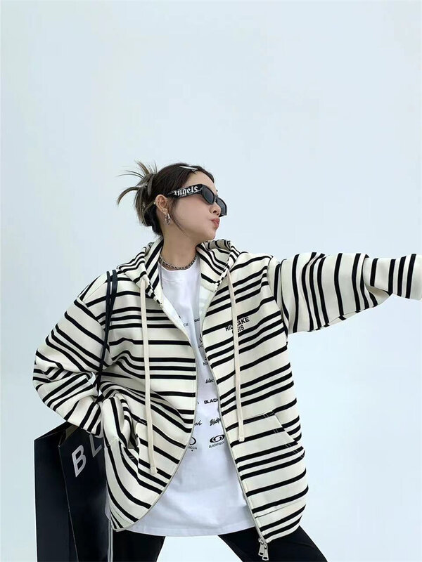 100% puro cotone addensato Maillard giacca con cappuccio a righe orizzontali cappotto sportivo Casual zebrato da donna Top sciolto e caldo