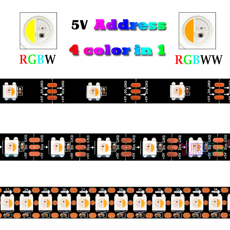 Fita de luz endereçável LED Strip, flexível Lamp Bar, 4 cores em 1, RGBW, RGBWW, SMD 5050, RGB + WW, IC, SK6812, 30, 60, 144 LEDs, m, 5V