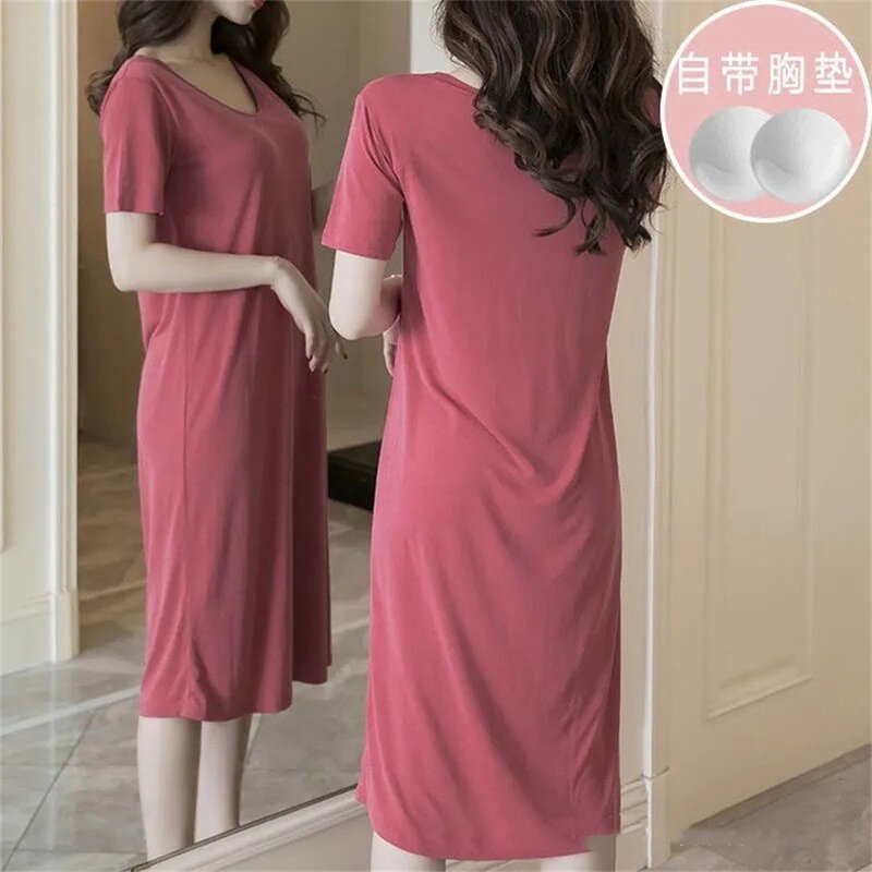 Pajamas With Chest Pads Women Summer Short Sleeves Thin Solid Color Night Dress Long Over-The-Knee Can Be Worn Over The Loungewe
