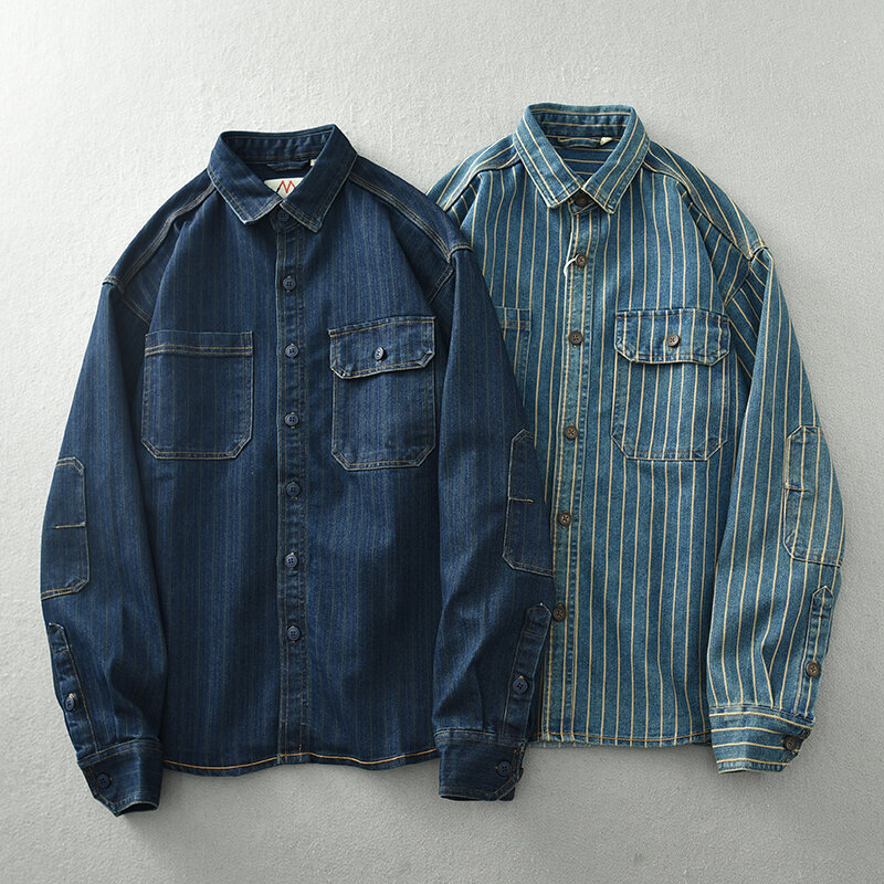 Vintage lavado listra vertical denim camisa masculina, camisa solta de tamanho grande, jaqueta de manga comprida de algodão