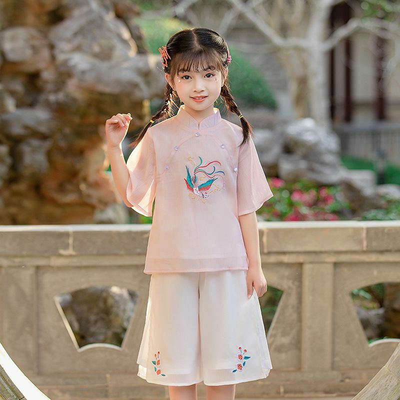 Vintage Meisjes Hanfu Chiffon Kleding Set Kids Tangsuit Kinderen Blouse En Broek Set Dagelijkse Slijtage Kostuum