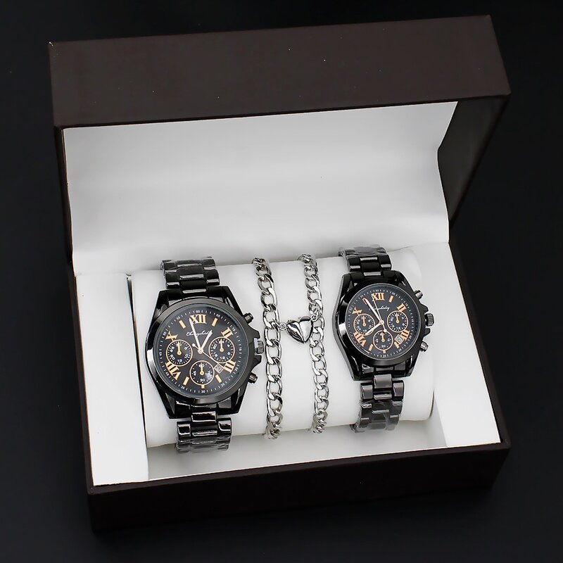 4 buah Set jam tangan pasangan jam tangan baja kuarsa hitam Pria Wanita mewah jam tangan wanita Relogio Feminino dengan gelang neskle GIF