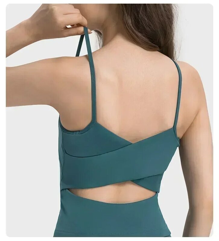 Lemon Cross-Back Women Yoga Vest With Light Support With Chest Pad Splicing Hollow Halter Fitness Vest Fashion Sports Tank Tops