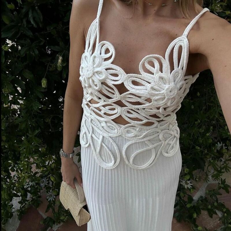 Dress Maxi rajut seksi, gaun pesta malam yang elegan, pakaian liburan hijau putih cantik tanpa lengan berongga, Gaun pantai 2024