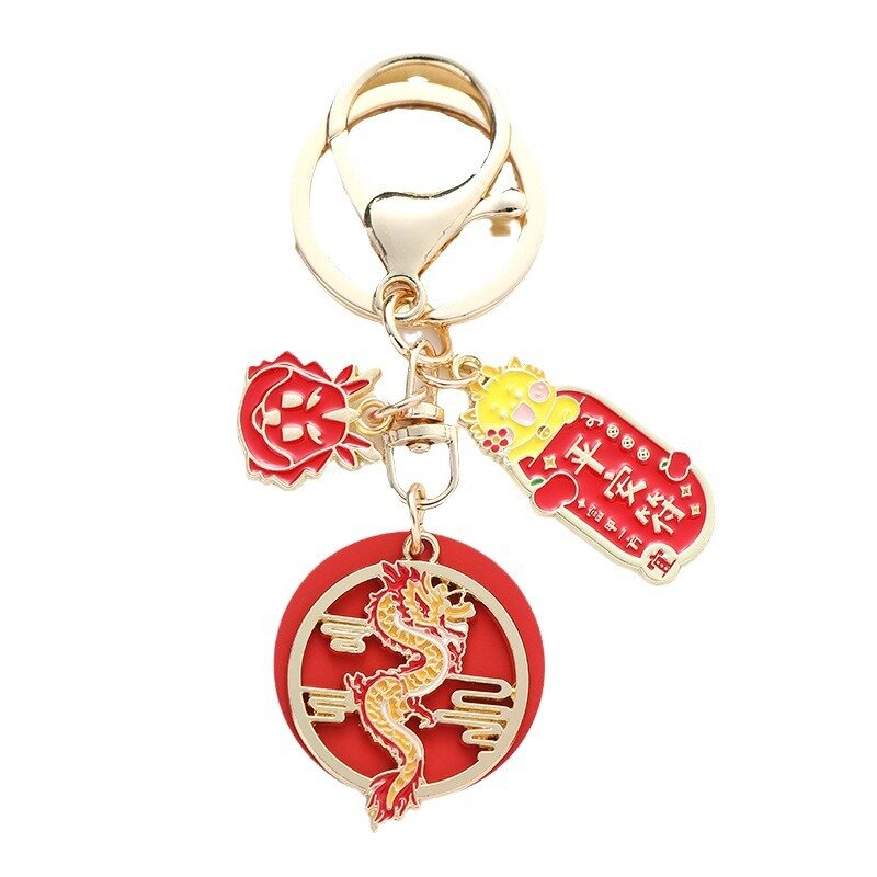 LLavero de dragón con colgante de personaje chino Fu, bolsa de bendiciones, mochila, llave de coche, accesorios de joyería, regalo de Año Nuevo, 2024