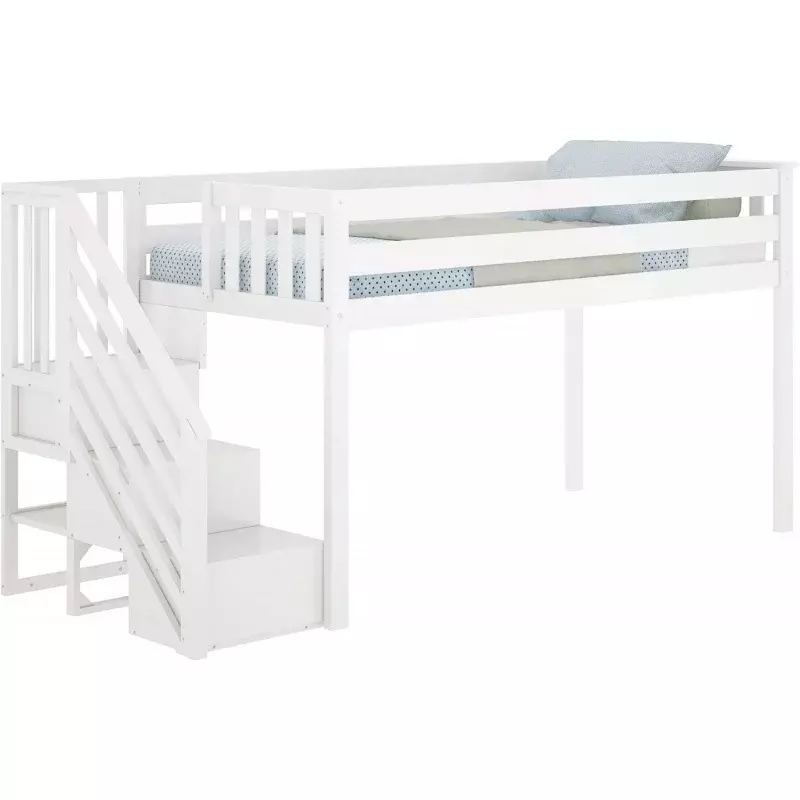 Max & Lily Low Loft Bed, Twin Bed Frame For Kids With Stairs, White