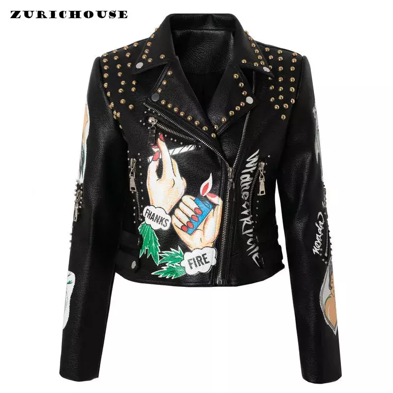 Jaqueta de couro sintético feminina, rebite Steampunk, jaqueta preta de motocicleta, contraste estampado graffiti, streetwear, novo, 2022