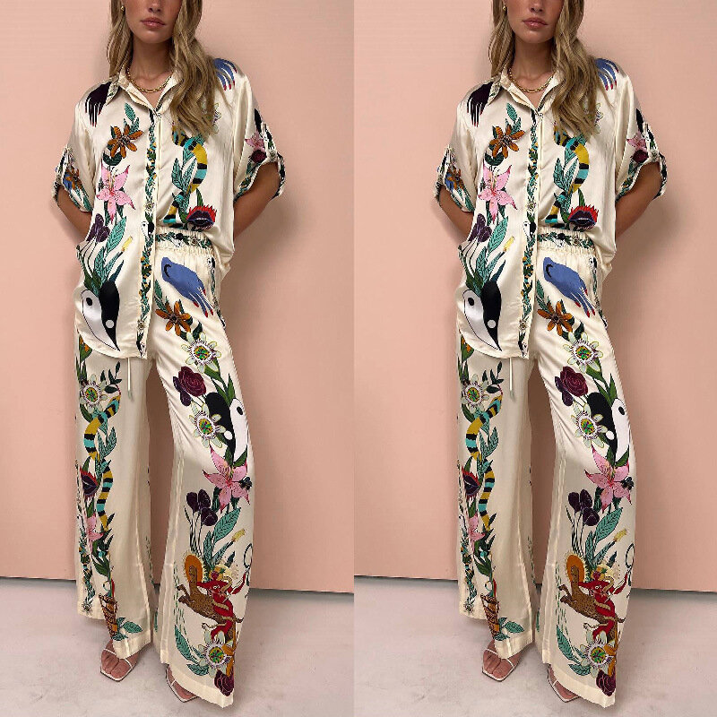 Summer Graffiti Print Shirt And Trousers Two-Piece Set Casual Satin Lapel Shirt Vacation Trousers For Women 3XL Loose Pant Set