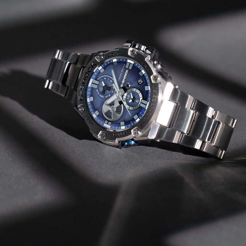 นาฬิกา G-SHOCK สำหรับผู้ชายนาฬิกาลำลอง GST-B100, นาฬิกาควอทซ์สแตนเลสแสดงผลคู่กันกระแทกหรูหรามัลติฟังก์ชั่น