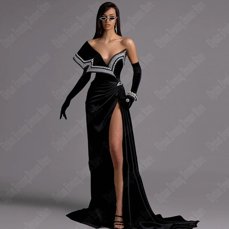 Sexy Black Retro Evening Dresses Single Shoulder Long Sleeves Party Gowns Edge Inlaid With Srystal Slim Fit Vestidos De Noche