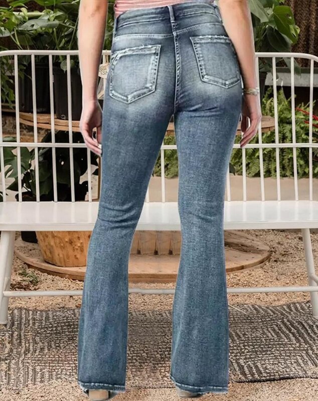 Damesjeans Casual Vintage Knoop Aan De Zijkant Wassen Hoge Taille Uitlopende Pijpen Jeans Slanke Denim Broek Nieuwe Mode Streetwear Broek
