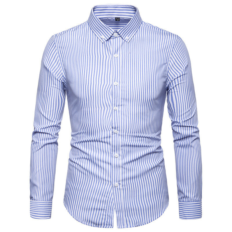 Camisas listradas masculinas, peito único, lapela de botão, manga longa, tops casuais, vestido formal, roupa masculina, moda