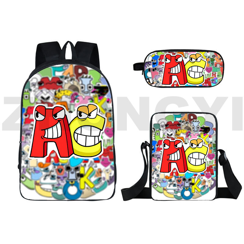 Funny Game Letter Legend Alphabet Lore Backpacks Zipper 3 Pcs/Set Japanese High School Bags 3D Cartoon Pencil Case Crossbody Bag