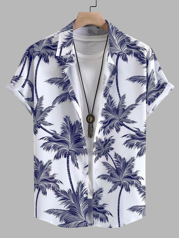 남성용 열대 프린트 하와이안 여름 해변 휴가 세트, 식물 코코넛 나무 반팔 티셔츠, 4 방향 스트레치 원단 셔츠, 2024
